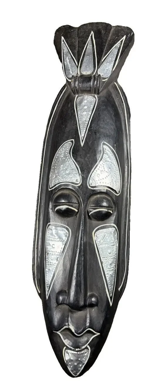 Vintage Ghana Hand Carved Wood Wall Mask Silver Metal 20” African Art